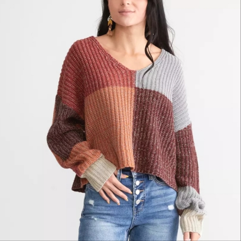 Patchwork V-Neck Sweater - Multicolor - image 2
